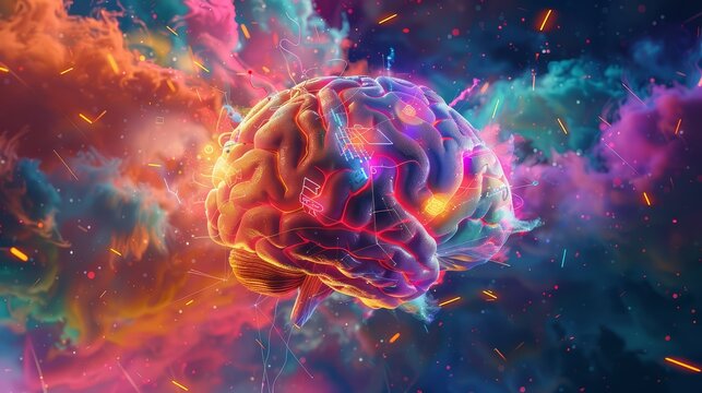 A concept piece showing a brain with explosive bursts of color and light
