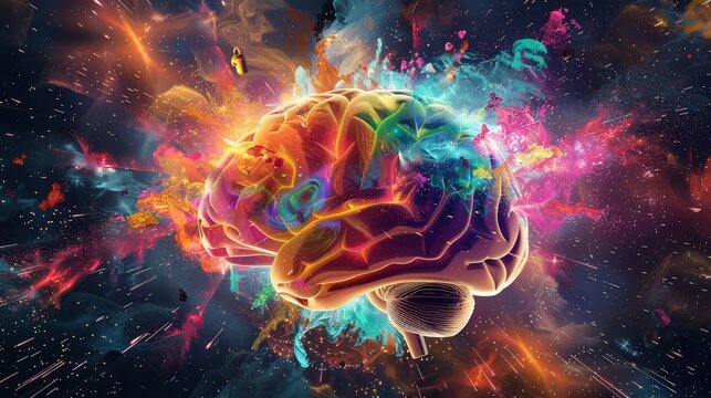 A concept piece showing a brain with explosive bursts of color and light