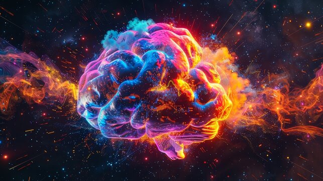 A concept piece showing a brain with explosive bursts of color and light