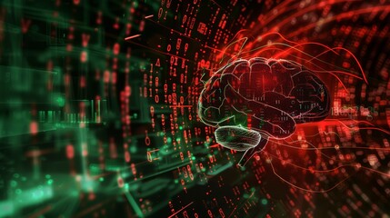Obraz premium A conceptual piece showing a brain with a cascade of binary code, abstract art, and scientific diagrams