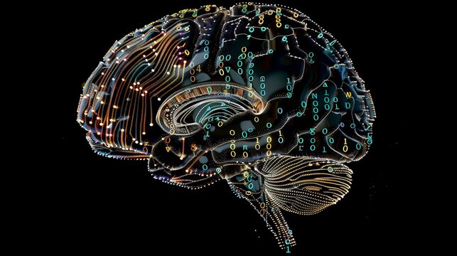 A conceptual piece showing a brain with a cascade of binary code, abstract art, and scientific diagrams