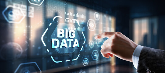 Businessman clicks Big data world and globe icon modern interface