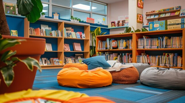 A cozy classroom reading corner with new books displayed