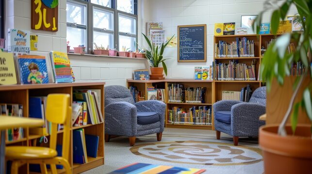 A cozy classroom reading corner with new books displayed