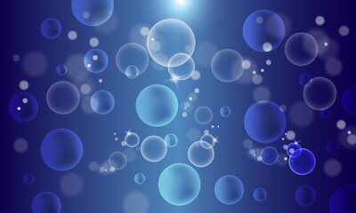 Bubbles in water on blue background . Circle and liquid, light design, clear soapy shiny.
