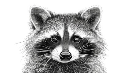 Obraz premium A curious raccoon, with its distinctive mask, is illustrated in fine black lines on a white canvas