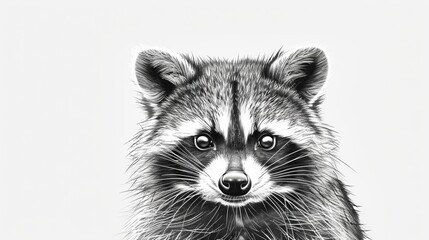 Fototapeta premium A curious raccoon, with its distinctive mask, is illustrated in fine black lines on a white canvas