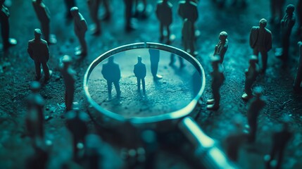 A conceptual image illustrating the process of human resource management and recruitment in business, depicting the search for the most talented and suitable employee for a company. 