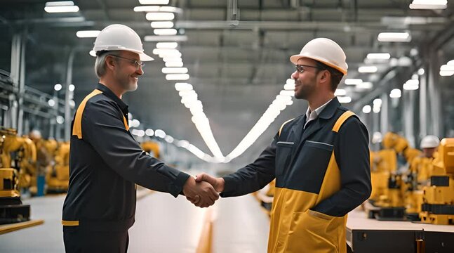 professional technician engineer and mentor hand shake in factory