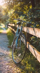Fototapeta premium Black road bicycle leaning against a wooden fence on a sunlit path in a park. Concept of cycling, outdoor activity, exercise, nature trails. Vertical