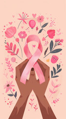A hand holding a pink ribbon with flowers and hearts surrounding it