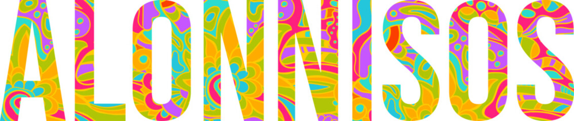 Alonnisos island text title with floral doodle pattern. Unique place name vector design, use for article header, merch print, travel blog, postcard, wall art print  .