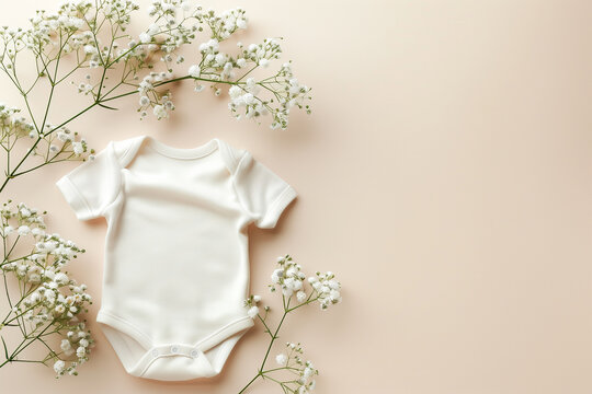 mock-up baby bodysuit white on a light background, top view. High quality photo