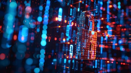 Obraz premium A cyber security-themed photograph of a digital lock, with binary code and data streams in the background