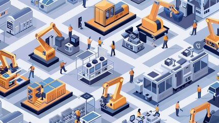 Obraz premium Industry 4.0 smart factory interior showcases IIoT machines, efficient workstations, and automated production lines, optimizing the manufacturing process for improved performance. 