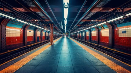 Obraz premium A deserted subway station, with clean platforms and empty tracks