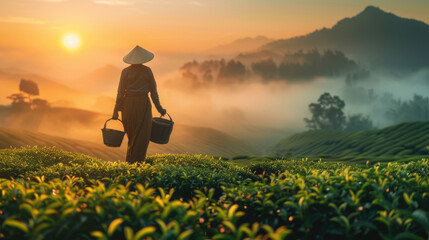 Fototapeta premium green fresh organic agriculture tea garden field on hill with blurred gardener at complex mountains farm in the morning sunrise.