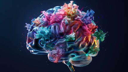 A detailed 3D model of a brain with sections peeling away to reveal a core of luminous colors and shapes