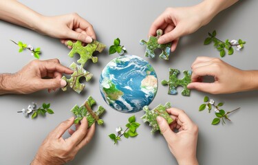 Group hands assembling puzzle pieces around the Earth symbolizing teamwork and environmental...