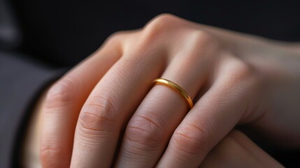 Close-up of a hand wearing a simple gold ring, showcasing delicate skin details against a dark background