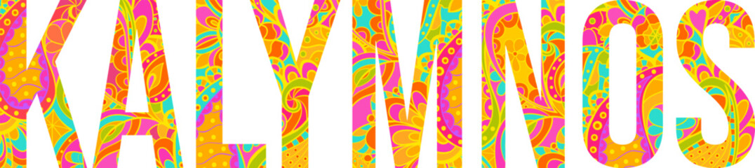 Kalymnos island text title with floral doodle pattern. Unique place name vector design, use for article header, merch print, travel blog, postcard, wall art print  .