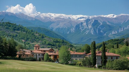 Breathtaking panoramic view of Italian village surrounded by lush green hills and snow-capped Alps in the background under clear blue sky.