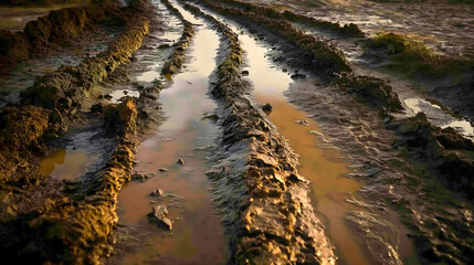 Naklejka premium Tracks in the mud that have been imprinted directly into the mud itself.