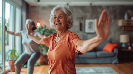 Energetic white elderly women exercise together at home in brightly colored sportswear, enjoying fitness, friendship, and well-being in cozy living room.