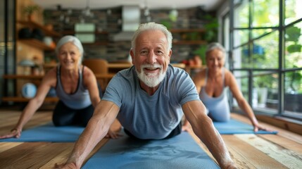 Energetic elderly group of three biracial seniors doing stretching exercises on blue mats in brightly lit home gym with wooden floors.