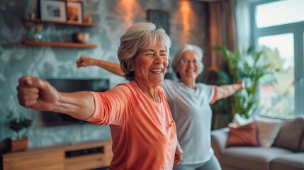 Obraz premium Cheerful elderly women exercising together in cozy home, one wearing bright orange and other light grey, promoting daily fitness and joyful activities.