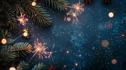 Fototapeta premium Illuminated sparklers create a glowing spectacle among the pine branches, with scattered lights enhancing the festive merry atmosphere of the holiday season.