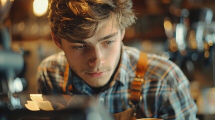 A man in a plaid shirt is looking at a cup