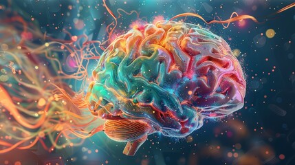 Fototapeta premium A digital illustration of a human brain bursting with vibrant colors