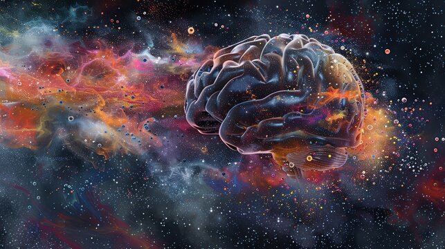 A digital painting of a brain exploding into a cloud of tiny, colorful particles