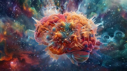 Obraz premium A digital painting of a brain with a brilliant explosion of fractal patterns