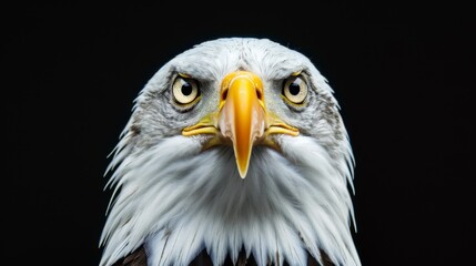 Obraz premium Detailed close-up of a bald eagle staring intently, showcasing its sharp beak and piercing eyes. Represents strength, freedom, and national pride in striking detail.
