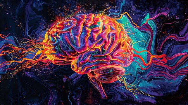 A dynamic painting of a brain with explosive bursts of neon colors and intricate patterns
