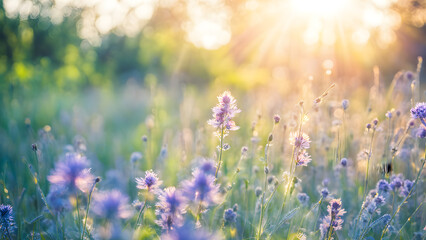 Fototapeta premium A field of flowers with the sun shining on them