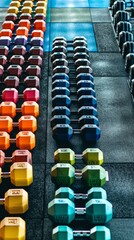 Fototapeta premium Rows of colorful dumbbells and black kettlebells in a gym. Concept of fitness equipment, strength training, gym atmosphere, workout tools. Vertical