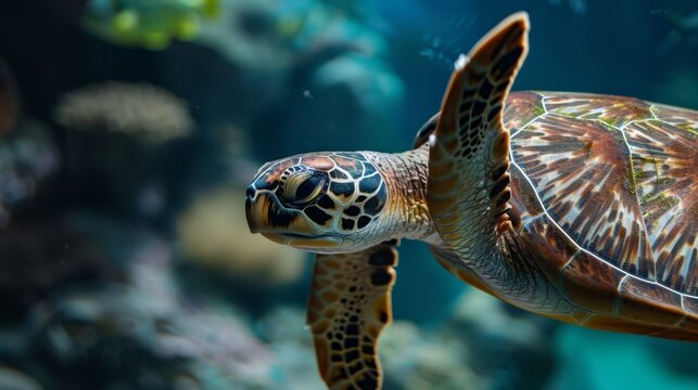 This image features a close-up of a turtle swimming gracefully in the ocean, showcasing the intricate patterns on its shell and the tranquility of its natural marine environment.