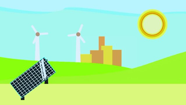 illustration of solar energy panels with ityscape on the background,flat design ilustration vector style.video animation