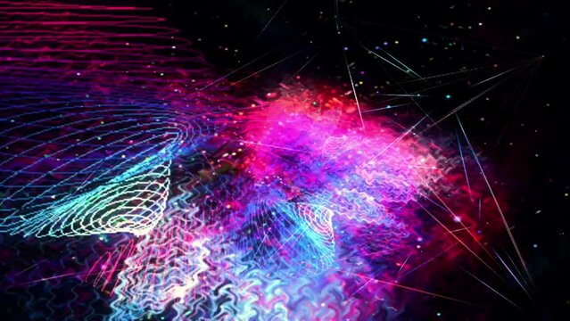 A vibrant light show with colorful beams and stars
