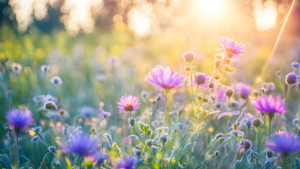 Fototapeta premium A field of purple flowers with the sun shining on them