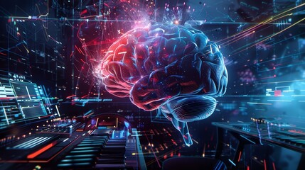 Obraz premium A futuristic concept art showing a brain with holographic projections of complex equations