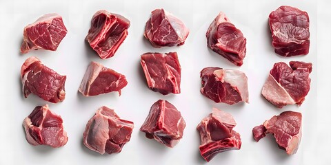 Fresh Meat Sliced into Different Sizes on White Background