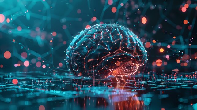 A futuristic concept showing a digital brain made of interconnected nodes and neural networks