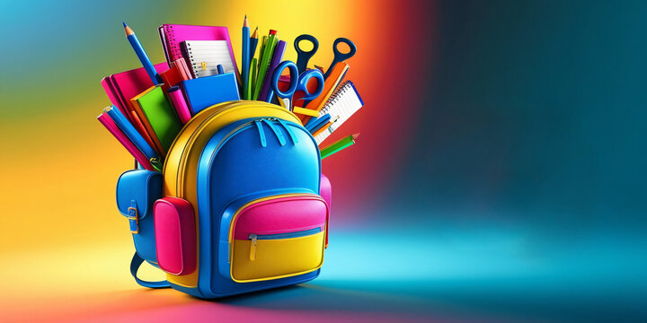 backpack full of school supplies, back to school concept. 3d render