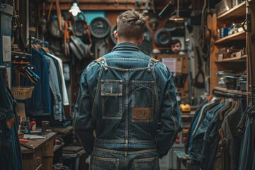A man in a denim overalls stands in a room with a lot of clothes. The room has a vintage feel to it