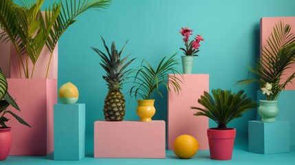 Colorful potted plants on pastel pedestals
