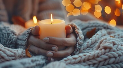 A cozy scene with a person holding a lit candle, wrapped in a warm knitted blanket. Soft bokeh lights create a calming and peaceful atmosphere.